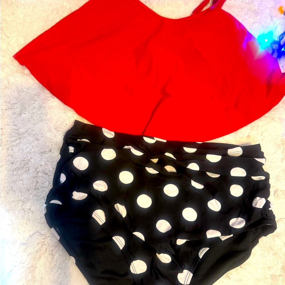 Chic Red and Black Polka Dot Swimwear